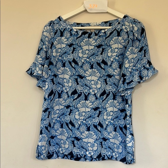 LOFT Blue Relaxed Ruffled Short Sleeve Blouse - Picture 1 of 8